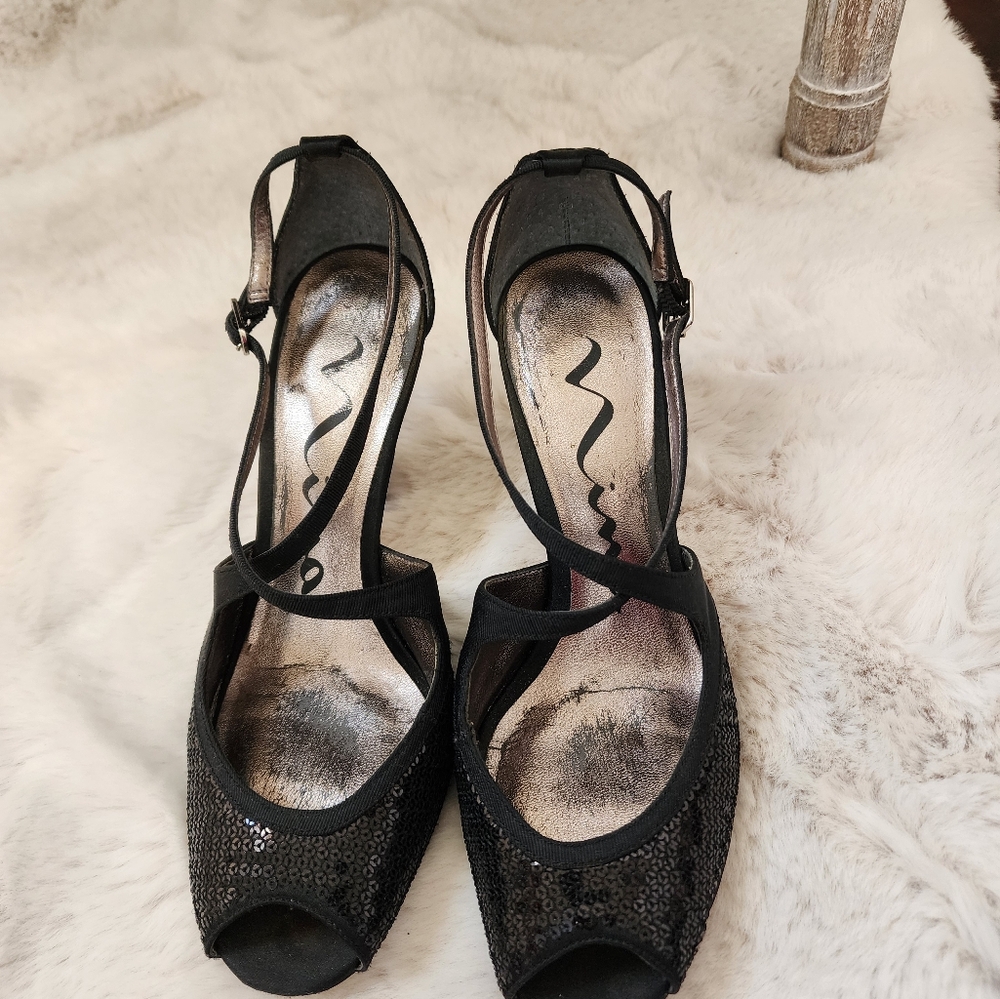 👠Nina Black Sequin Peep Toe Party/ Coctail High Heels Sandals. Very Comfortable